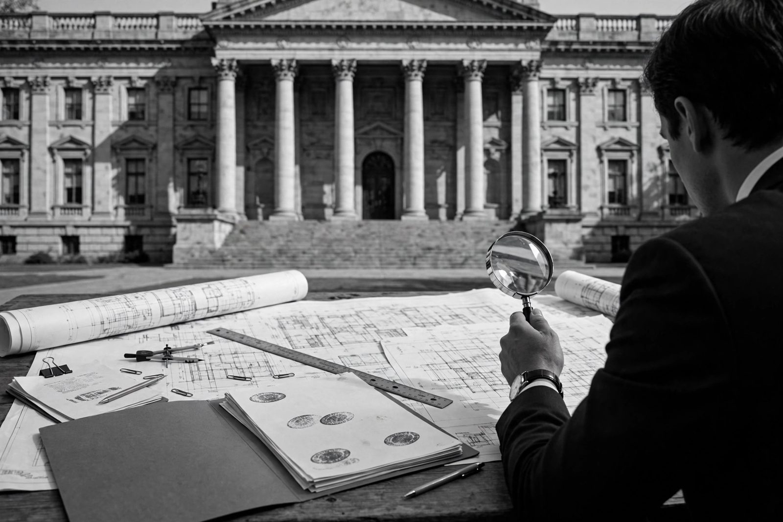 Blueprints and stamped assessment documents reviewed in front of a government building